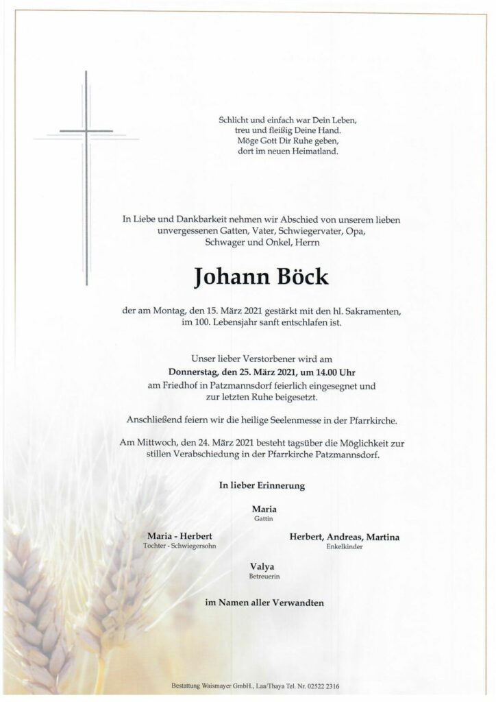 Johann Böck Bestattung Kallaus